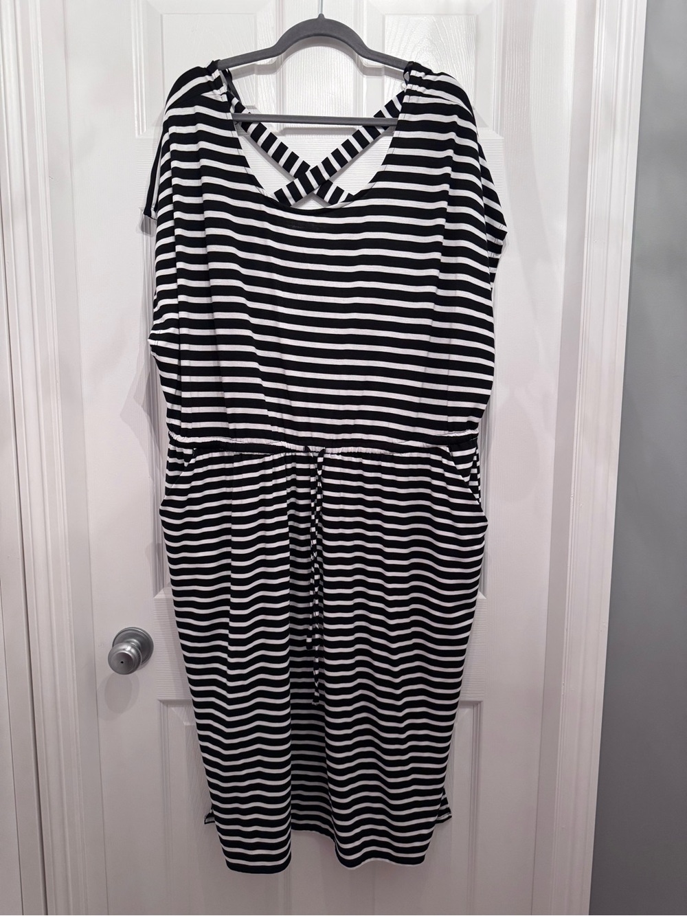 Black & White Striped Midi Dress with Crisscross Back